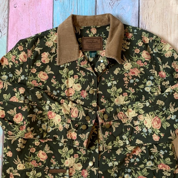 Vintage 90s Lauren Ralph Lauren Green Floral Jacket with Brown Corduroy Collar - Picture 4 of 11